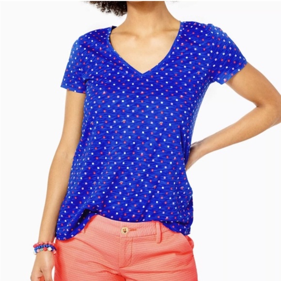 Lilly Pulitzer Tops - Lilly Pulitzer Etta V-neck Top borealis blue Lilly squared pattern SZ L Cotton